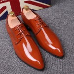 Brown Patent Glossy Pointed Head Lace Up Mens Oxfords Shoes