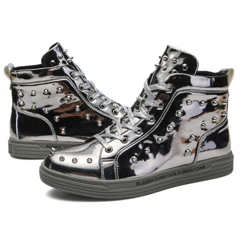 Grey Patent Glitter Spikes Punk Rock Mens High Top Lace Up Sneakers Shoes