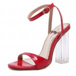 Red Patent Straps Evening Transparent Glass Block High Heels Sandals Shoes