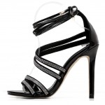 Black Suede Strappy Diamantes Bling Bling High Heels Stiletto Sandals Shoes