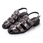 Grey Silver Patent Leather Straps Gladiator Cage Flats Sling Back Sandals Shoes
