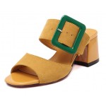 Camel Yellow Green Peep Toe Big Buckle Big Block Heels Sandals Shoes
