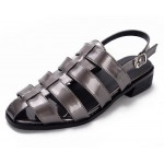 Grey Silver Patent Leather Straps Gladiator Cage Flats Sling Back Sandals Shoes