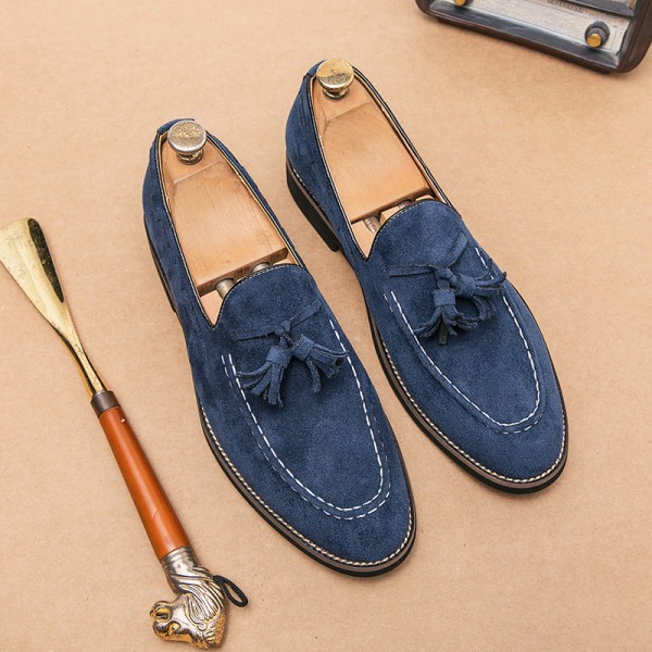 Blue Navy Suede Tassels Country Mens Loafers Flats Shoes