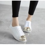 White Gold Leather Lace Up Shoes Womens Sneakers 