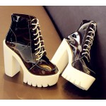 Black Transparent Lace Up Chunky Sole Block High Heels Platforms Boots Shoes