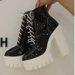 Black Transparent Lace Up Chunky Sole Block High Heels Platforms Boots Shoes