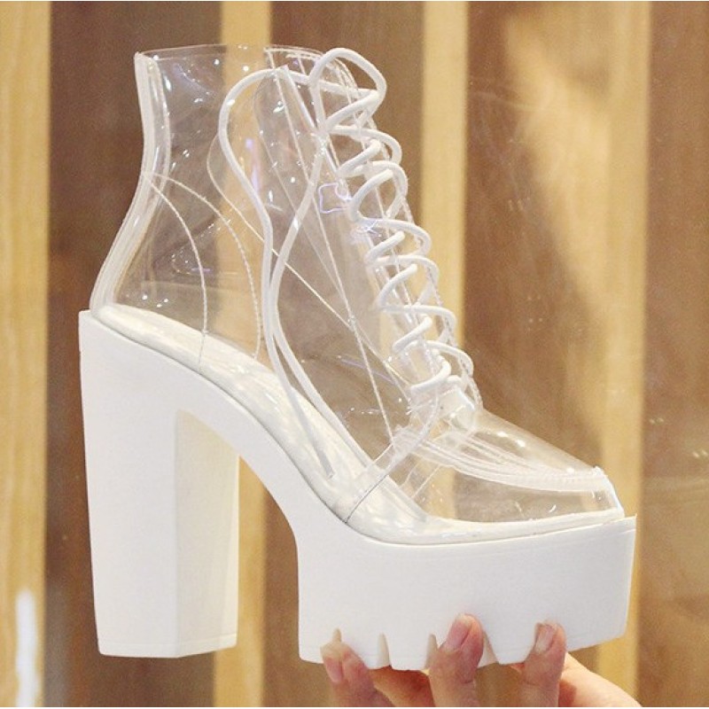 white lace up chunky heels