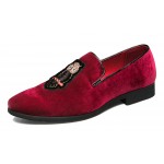 Red Velvet Suede Owl Embroidery Mens Loafers Flats Dress Shoes