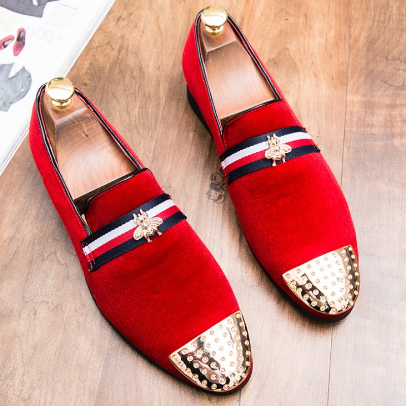 Red Suede Gold Bee Spikes Mens Loafers 
