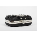 Black Beads Pearls Diamante Rectangular Fancy Evening Clutch Bag Purse Box