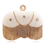 White Gold Pearls Diamante Tassels Fancy Evening Bridal Clutch Bag Purse