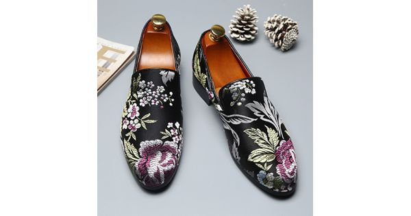 Black Satin Embroidered Purple Flowers Dapper Man Oxfords Loafers Dress  Shoes Flats