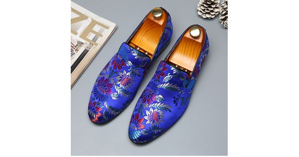 Blue Royal Satin Embroidered Purple Flowers Dapper Man Oxfords Loafers  Dress Shoes Flats