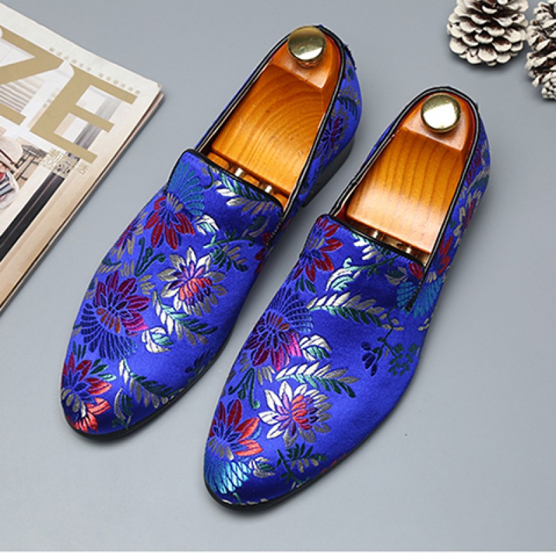 Blue Royal Satin Embroidered Purple Flowers Dapper Oxfords Dress Shoes Flats