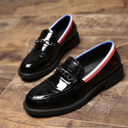 Black Patent Metal Chain Glossy Patent Leather Loafers Flats Dress Shoes
