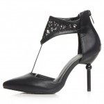 Black Crochet Lace T Strap Point Head Sexy Eveing High Stiletto Heels Shoes
