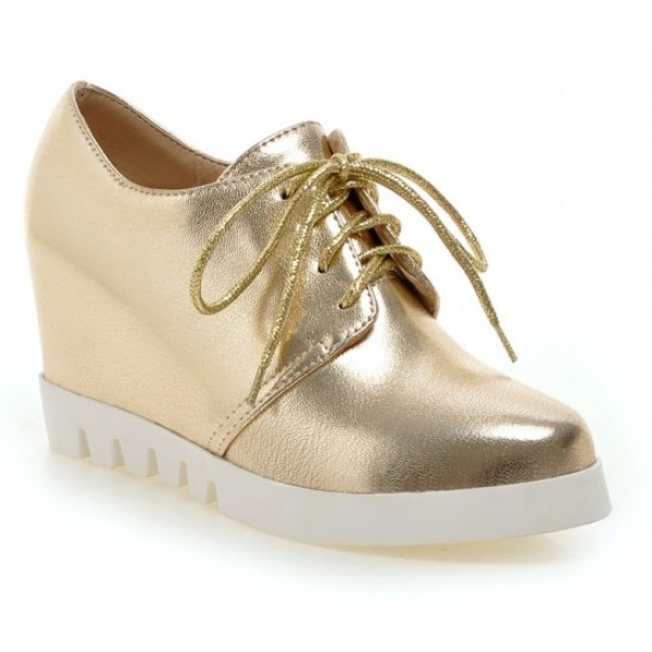 Gold White Sole Lace Up Wedges Platforms Oxfords Sneakers Shoes