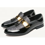 Black Gold Patent Tassels Glitter Mens Loafers Dress Dapper Man Shoes Flats