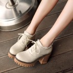 Cream Lace Up Ruffles Cleated Sole Platforms Chunky Heels Oxfords Shoes