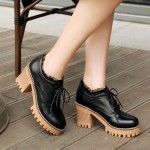 Black Lace Up Ruffles Cleated Sole Platforms Chunky Heels Oxfords Shoes