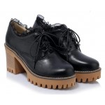 Black Lace Up Ruffles Cleated Sole Platforms Chunky Heels Oxfords Shoes