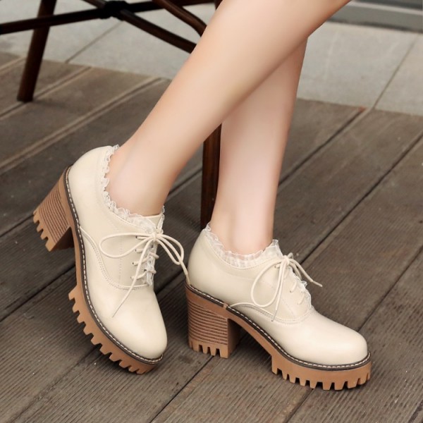 Cream Lace Up Ruffles Cleated Sole Platforms Chunky Heels Oxfords Shoes