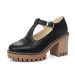 Black Mary Jane T Strap Cleated Sole Platforms High Chunky Heels Oxfords Shoes