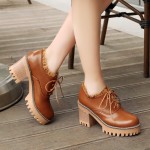 Brown Lace Up Ruffles Cleated Sole Platforms Chunky Heels Oxfords Shoes