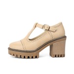 Beige Mary Jane T Strap Cleated Sole Platforms High Chunky Heels Oxfords Shoes