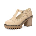 Beige Mary Jane T Strap Cleated Sole Platforms High Chunky Heels Oxfords Shoes