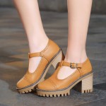 Brown Mary Jane T Strap Cleated Sole Platforms High Chunky Heels Oxfords Shoes