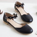 Black Scallop Trim Flowers Mary Jane Ballerina Ballet Flats Shoes