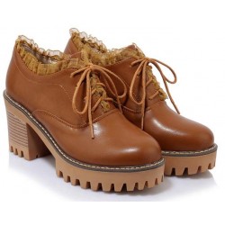Brown Lace Up Ruffles Cleated Sole Platforms Chunky Heels Oxfords Shoes