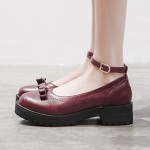 Burgundy Mini Bow Ankle Strap Mary Jane Ballerina Ballet Flats Shoes