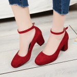 Burgundy Red Suede Ballets Mary Jane Ankle Strap Block High Heels Shoes