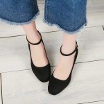 Black Suede Ballets Mary Jane Ankle Strap Block High Heels Shoes