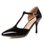 Black Patent T Strap Vinage Pointed Head Mary Jane High Stiletto Heels Shoes