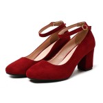 Burgundy Red Suede Ballets Mary Jane Ankle Strap Block High Heels Shoes