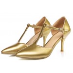 Gold Metallic T Strap Vinage Pointed Head Mary Jane High Stiletto Heels Bridal Shoes