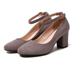 Grey Suede Ballets Mary Jane Ankle Strap Block High Heels Shoes
