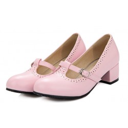 Pink T Strap Vinage Round Head Mary Jane High Heels Shoes