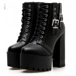 Black Side Buckles Punk Rock Chunky Sole Block High Heels Platforms Boots Shoes