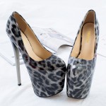 Grey Leopard Print Patent Platforms Stiletto Super High Heels Shoes