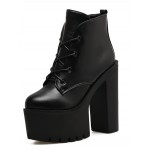 Black Lace Up Chunky Sole Block High Heels Platforms Boots Shoes