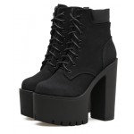 Black Suede Lace Up Punk Rock Chunky Sole Block High Heels Platforms Boots Shoes