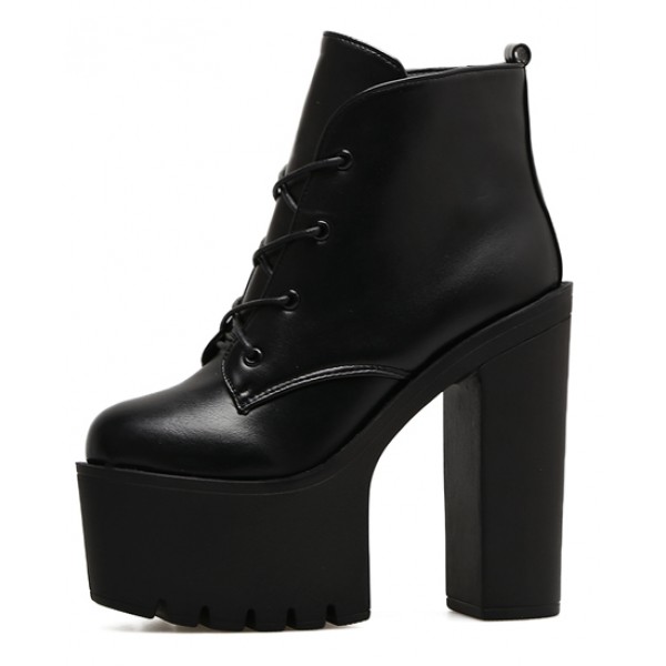 Black Lace Up Chunky Sole Block High Heels Platforms Boots Shoes