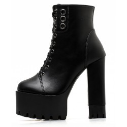 Black Lace Up Rings Chunky Cleated Sole Block High Heels Platforms Boots Shoes