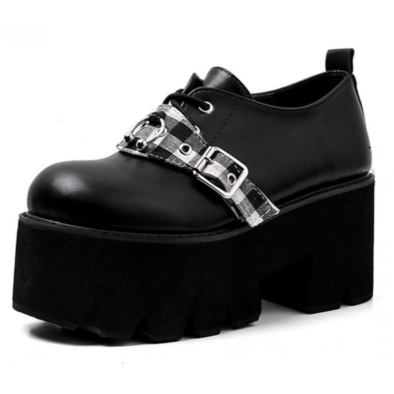 Mollyshoe Checkerboard Pattern Lace Up Chunky Sole Boots