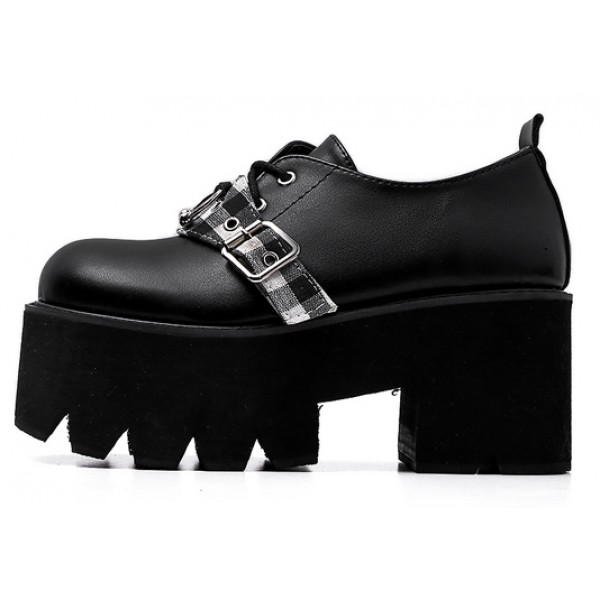 Black Lace Up Checkers Grunge Punk Rock Chunky Sole Block Platforms Oxfords Shoes